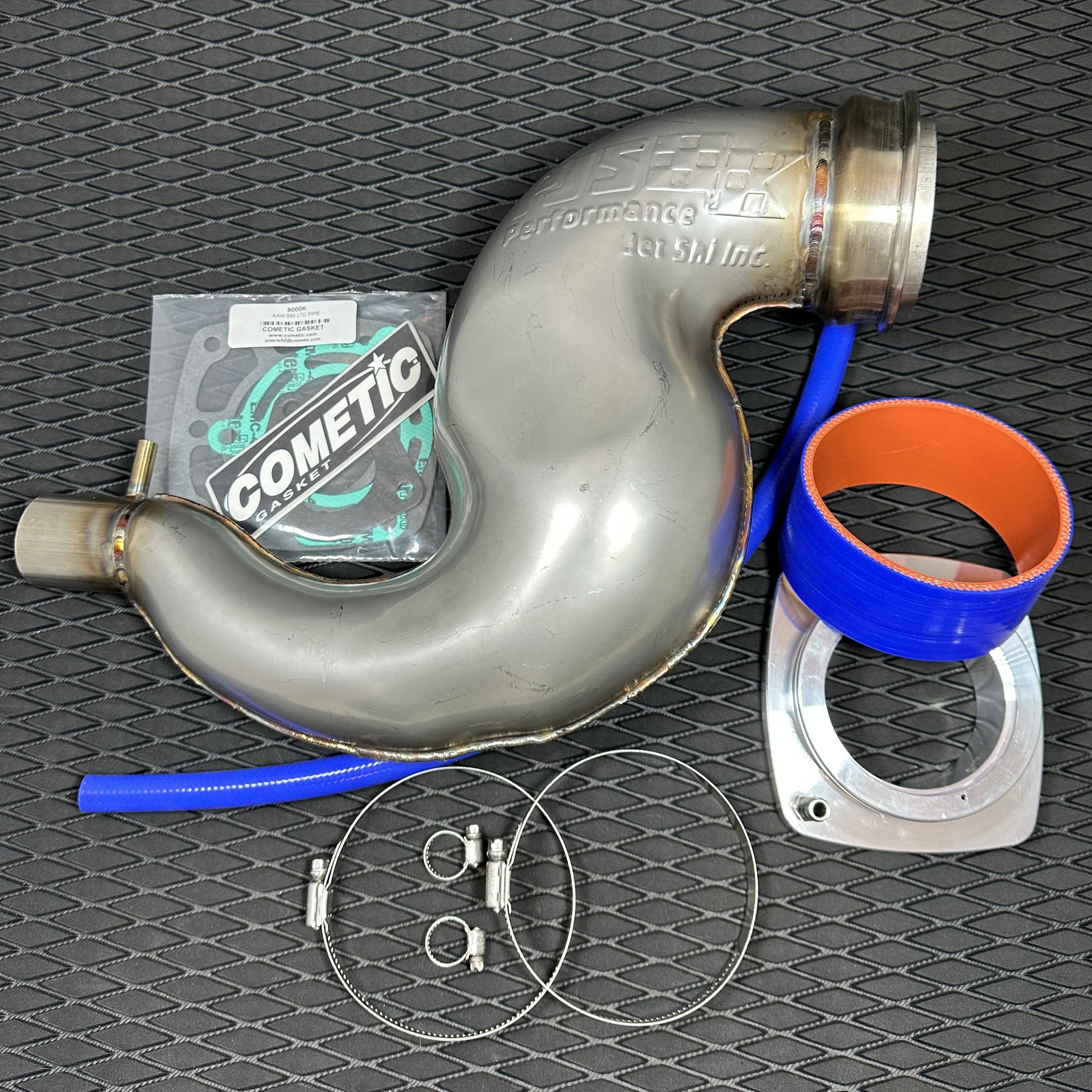 PJS Kawasaki 550 Gen 3 Half Pipe Exhaust system Blue Coupler Assembly laid out